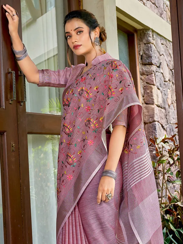 Pink_Linen_Embroidered_Tassel_Pallu_Saree_For_Women