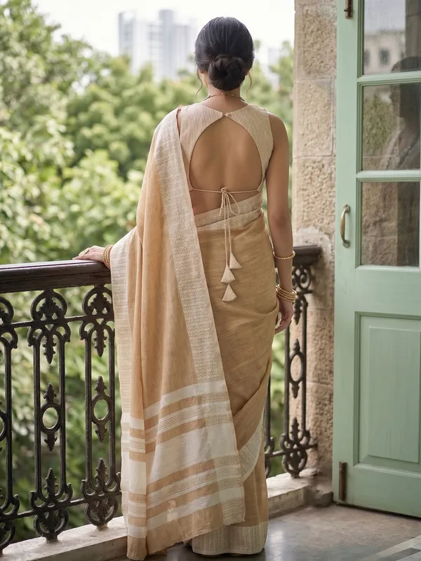 Mustard_Beige_Linen_Woven_Ethnic_Saree_For_Women