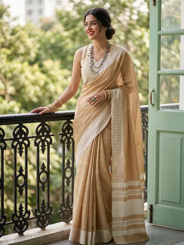 Mustard_Beige_Linen_Woven_Ethnic_Saree_For_Women