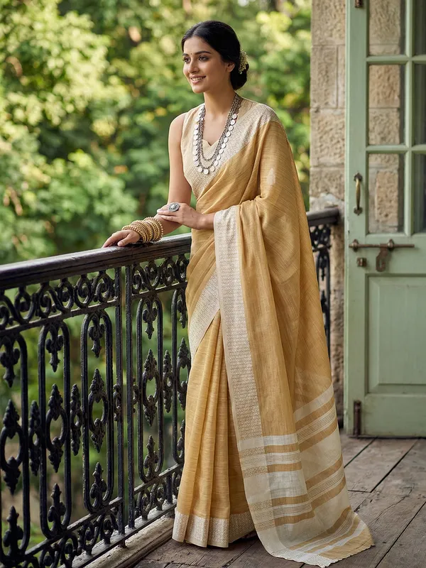 Mustard_Beige_Linen_Woven_Ethnic_Saree_For_Women