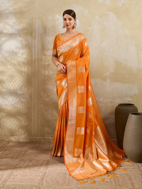 Orange_Banarasi_Soft_Silk_Woven_Saree_For_Women