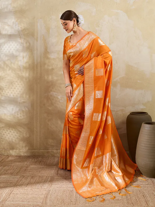 Orange_Banarasi_Soft_Silk_Woven_Saree_For_Women