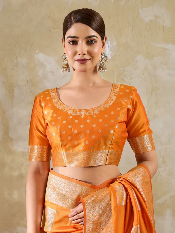 Orange_Banarasi_Soft_Silk_Woven_Saree_For_Women