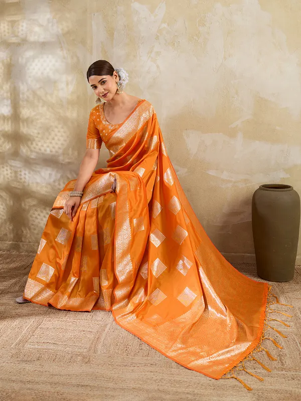 Orange_Banarasi_Soft_Silk_Woven_Saree_For_Women