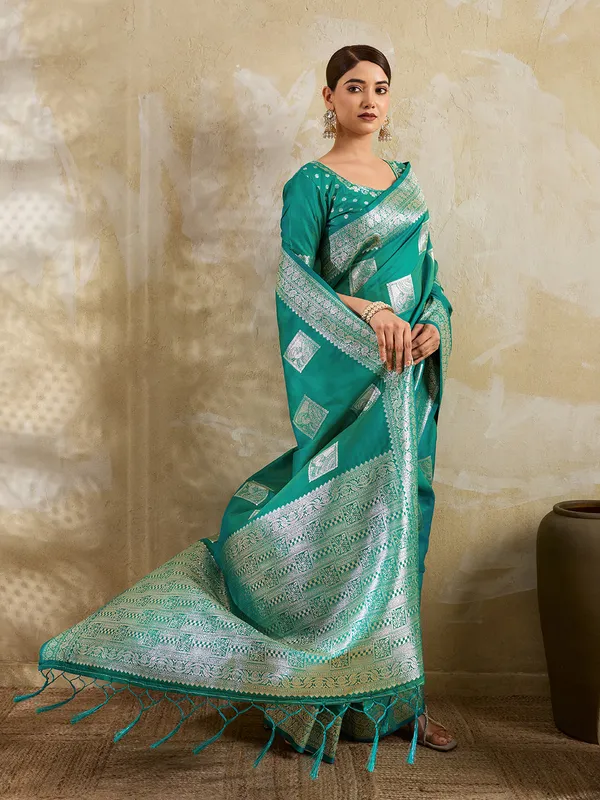 Teal_Banarasi_Soft_Silk_Woven_Saree_For_Women