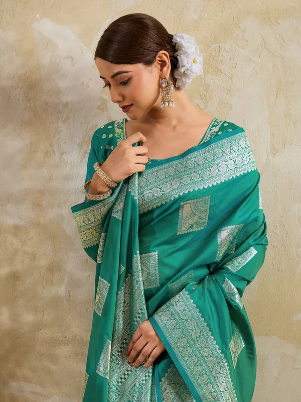 Teal_Banarasi_Soft_Silk_Woven_Saree_For_Women
