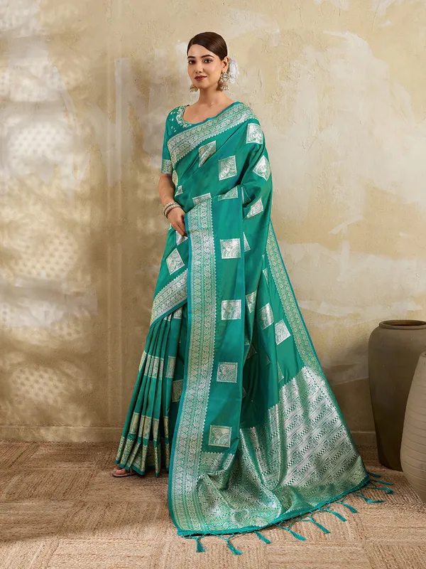 Teal_Banarasi_Soft_Silk_Woven_Saree_For_Women