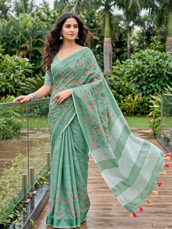 Multicolor_Linen_Embroidered_Tassel_Pallu_Saree_For_Women
