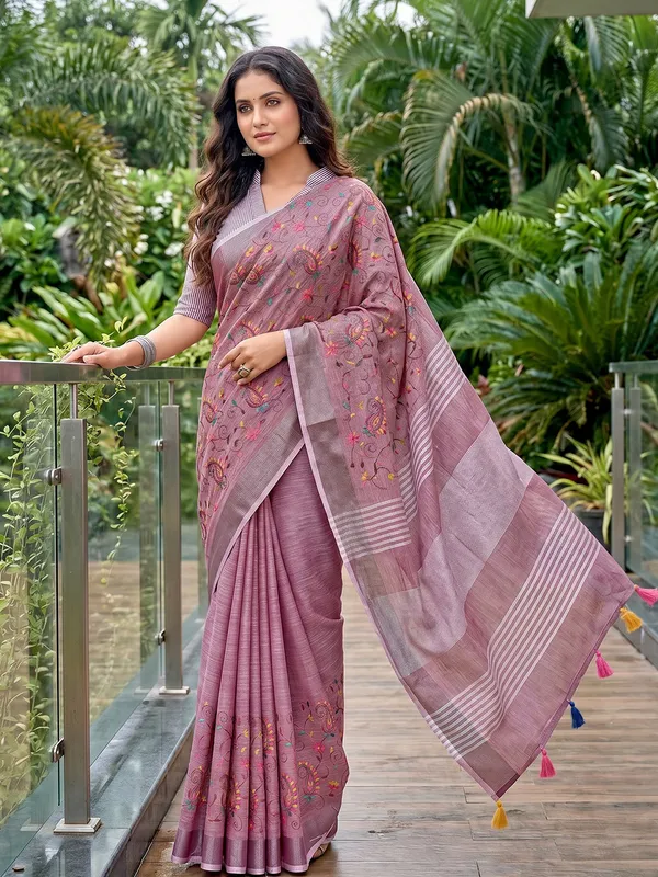 Multicolor_Linen_Embroidery_Tassel_Pallu_Saree_For_Women