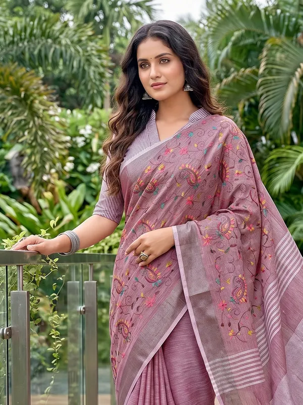 Multicolor_Linen_Embroidery_Tassel_Pallu_Saree_For_Women