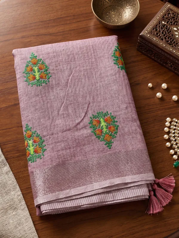 Blue_Linen_Floral_Embroidery_Border_Tassel_Saree_For_Women
