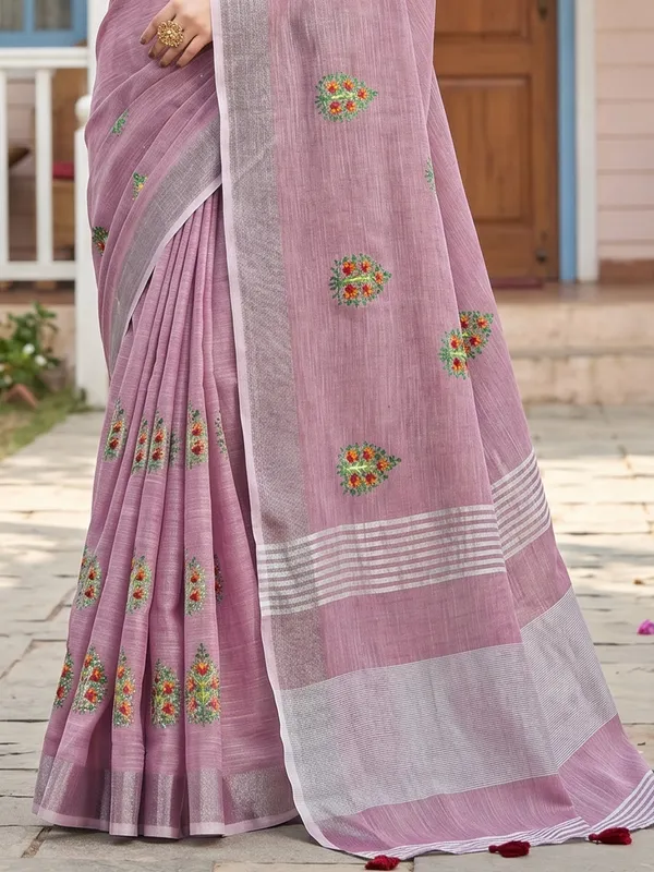 Blue_Linen_Floral_Embroidery_Border_Tassel_Saree_For_Women