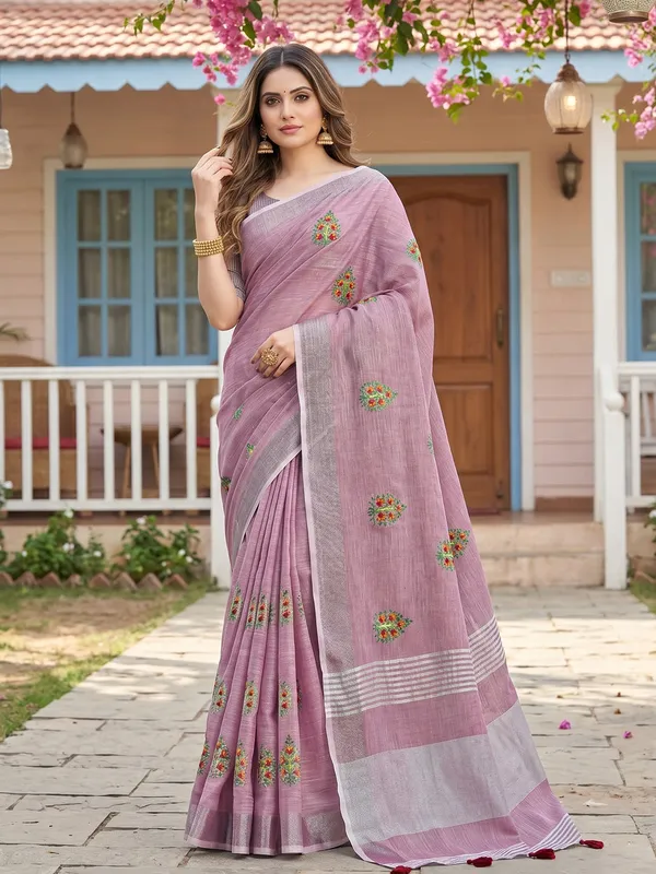 Blue_Linen_Floral_Embroidery_Border_Tassel_Saree_For_Women