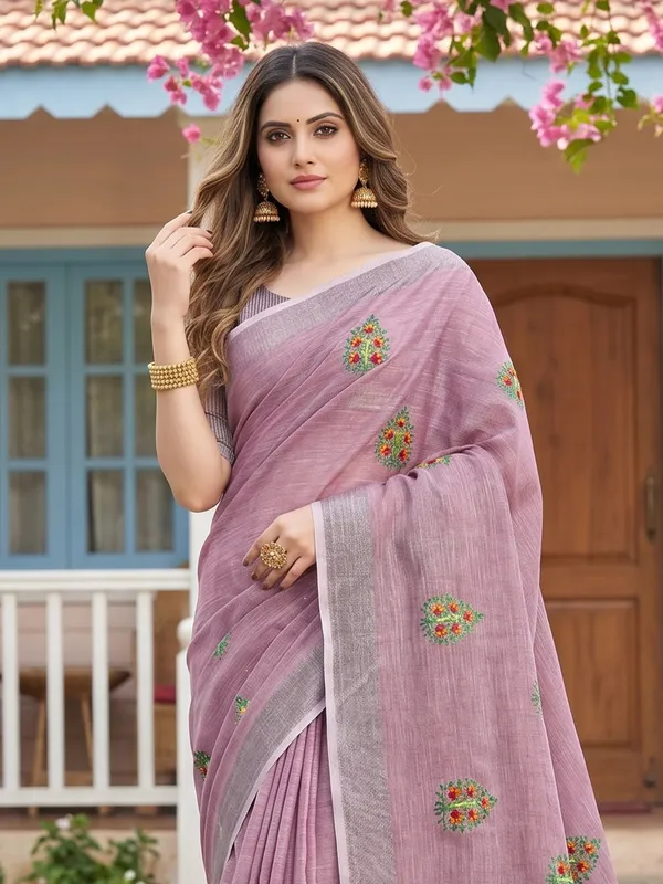 Blue_Linen_Floral_Embroidery_Border_Tassel_Saree_For_Women