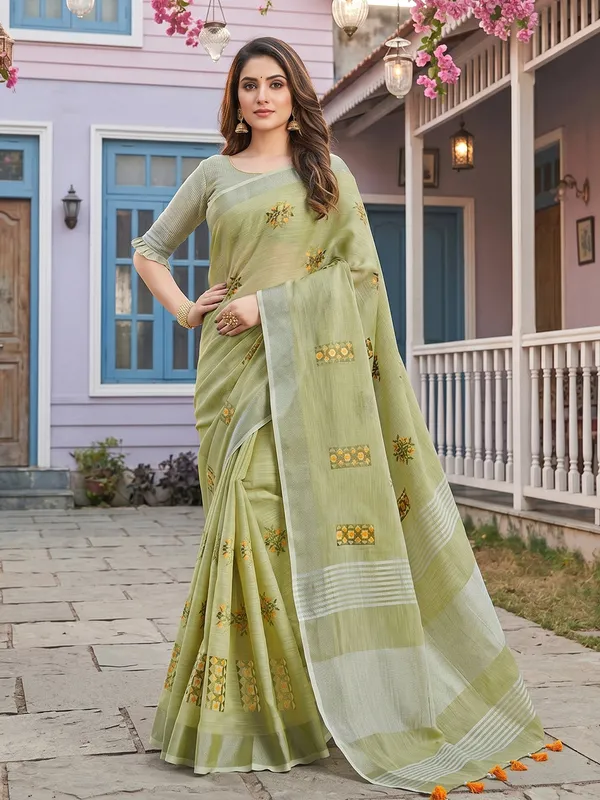 Light_Green_Linen_Floral_Embroidery_Tassel_Saree_For_Women