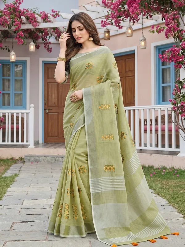 Light_Green_Linen_Floral_Embroidery_Tassel_Saree_For_Women