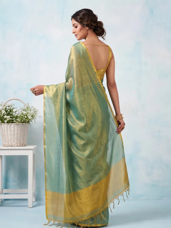 Teal_Green_Tissue_Silk_Solid_Zari_Border_Saree_For_Women