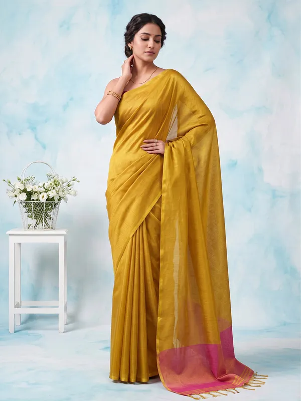 Bright_Yellow_Pink_Tissue_Silk_Solid_Zari_Border_Saree_For_Women