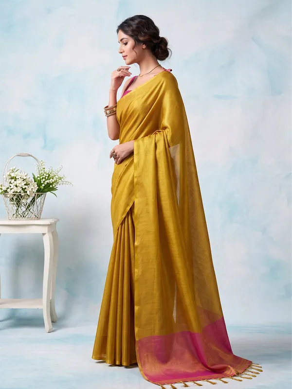 Bright_Yellow_Pink_Tissue_Silk_Solid_Zari_Border_Saree_For_Women