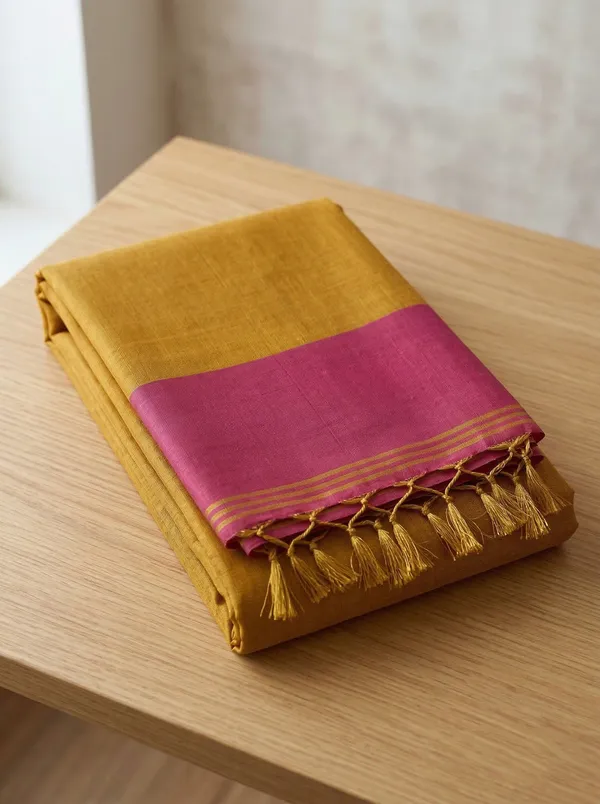 Bright_Yellow_Pink_Tissue_Silk_Solid_Zari_Border_Saree_For_Women