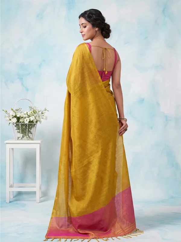 Bright_Yellow_Pink_Tissue_Silk_Solid_Zari_Border_Saree_For_Women