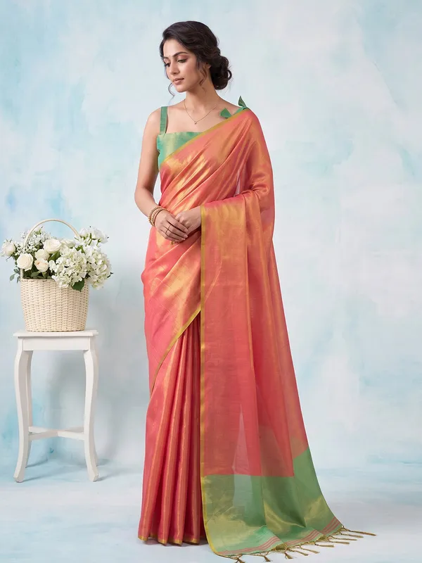 Coral_Peach_Green_Tissue_Silk_Contrast_Border_Saree_For_Women