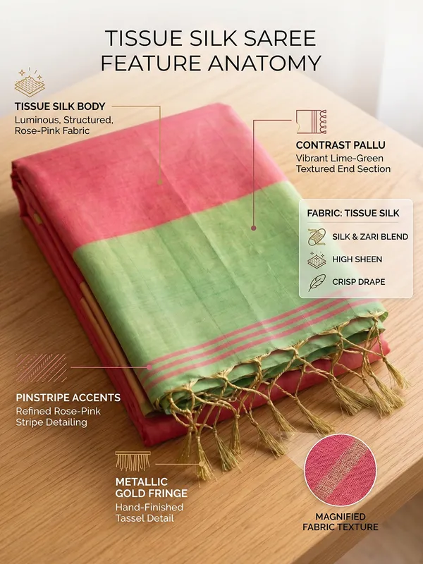 Coral_Peach_Green_Tissue_Silk_Contrast_Border_Saree_For_Women