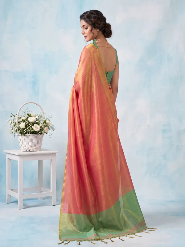 Coral_Peach_Green_Tissue_Silk_Contrast_Border_Saree_For_Women