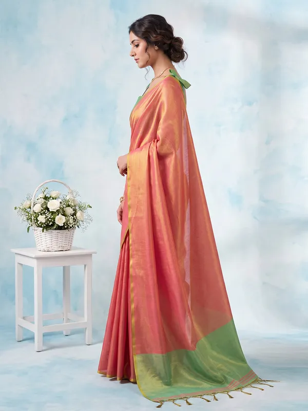 Coral_Peach_Green_Tissue_Silk_Contrast_Border_Saree_For_Women