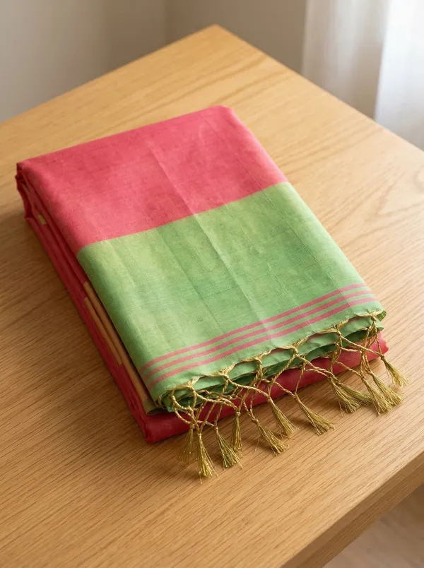 Coral_Peach_Green_Tissue_Silk_Contrast_Border_Saree_For_Women