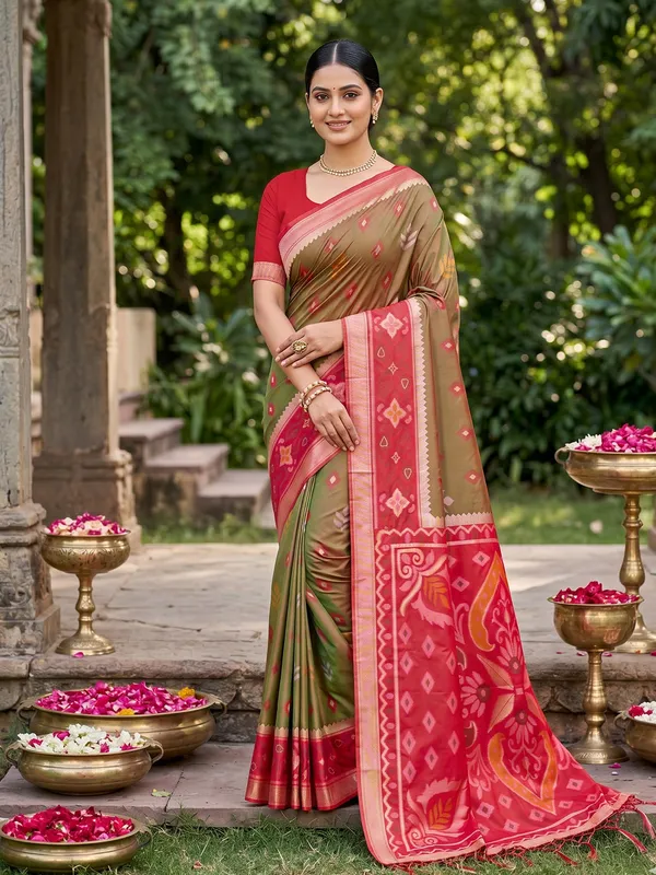 Olive_Green_Pochampally_Silk_Ikat_Woven_Saree_For_Women