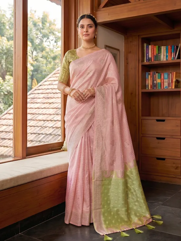 Peach_Mehendi_Green_Cotton_Silk_Festive_Saree_For_Women