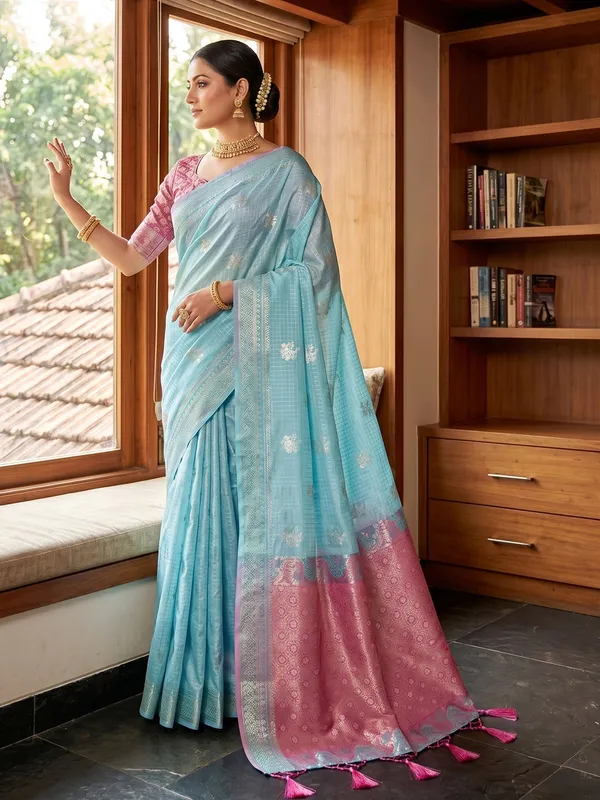 Sky_Blue_Pink_Cotton_Silk_Festive_Saree_For_Women