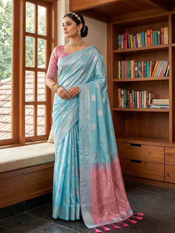 Sky_Blue_Pink_Cotton_Silk_Festive_Saree_For_Women