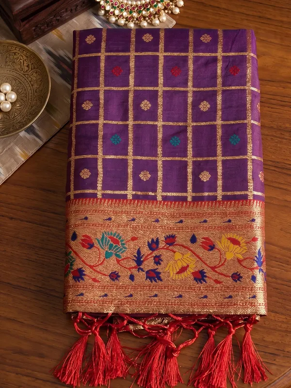 Purple_Banarasi_Silk_Zari_Work_Contrast_Blouse_Saree_For_Women
