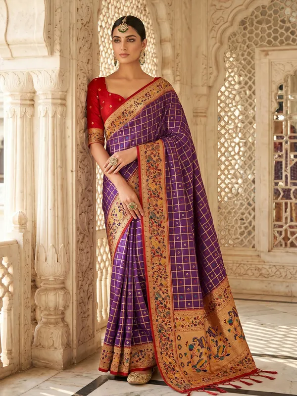 Purple_Banarasi_Silk_Zari_Work_Contrast_Blouse_Saree_For_Women