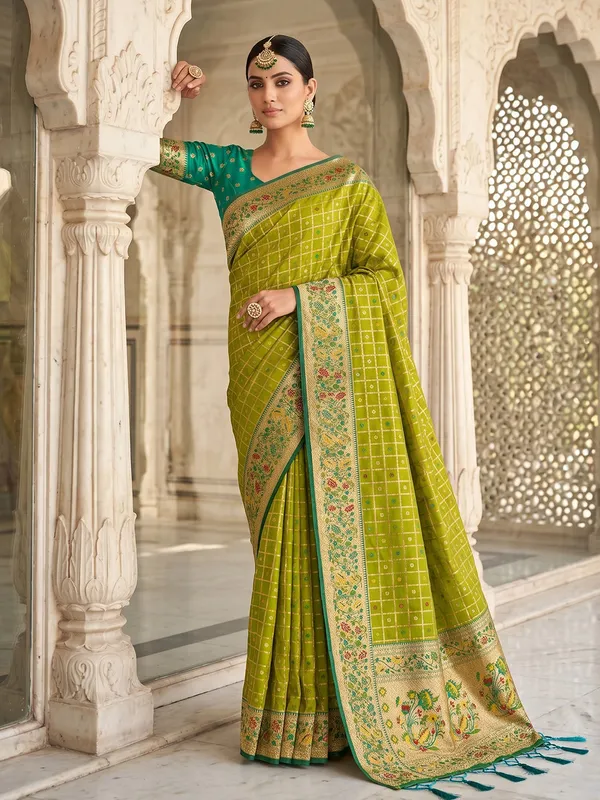 Lime_Green_Banarasi_Silk_Zari_Work_Contrast_Blouse_Saree_For_Women