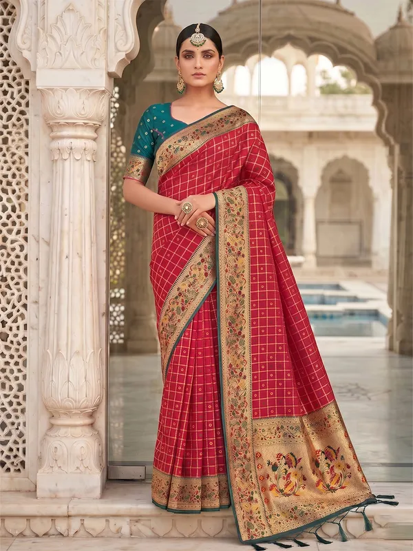 Red_Banarasi_Silk_Zari_Check_Saree_For_Women