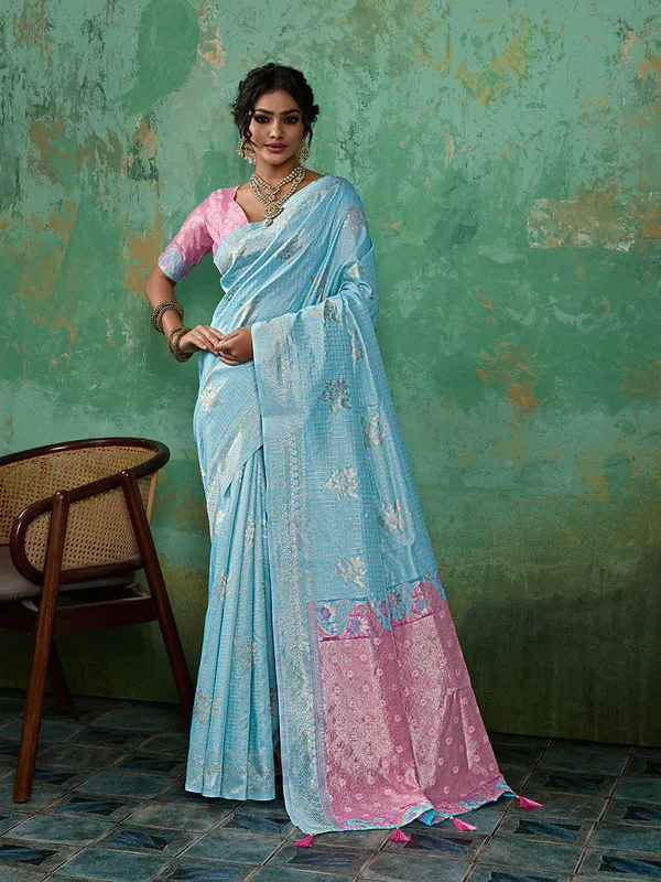 Sky_Blue_Pink_Cotton_Silk_Saree_For_Women