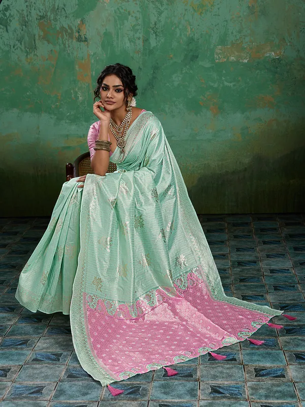 Sea_Green_Pink_Cotton_Silk_Woven_Saree_For_Women