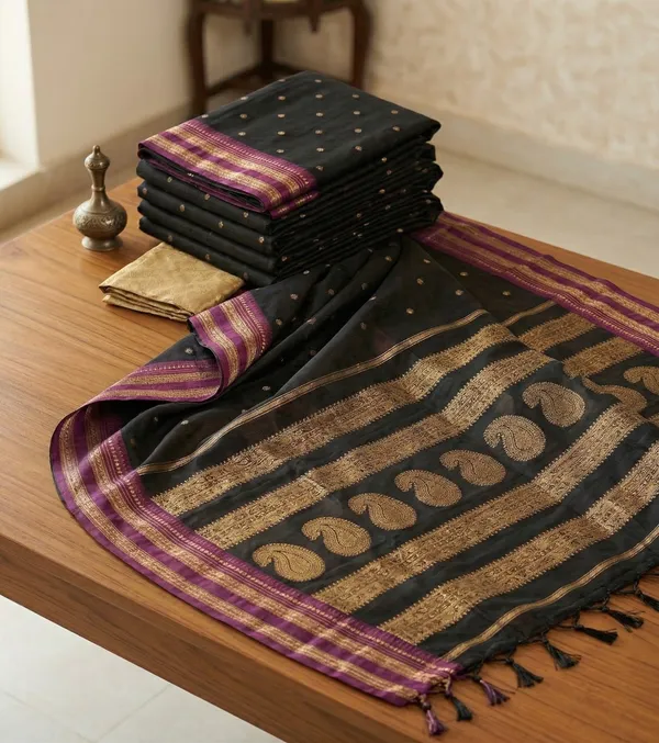 Black_Soft_Silk_Magenta_Gold_Zari_Border_Saree_For_Women