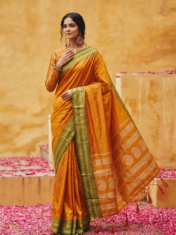 Orange_Green_Soft_Silk_Zari_Border_Saree_For_Women