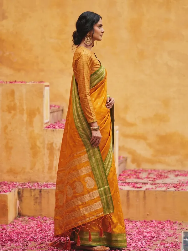 Orange_Green_Soft_Silk_Zari_Border_Saree_For_Women