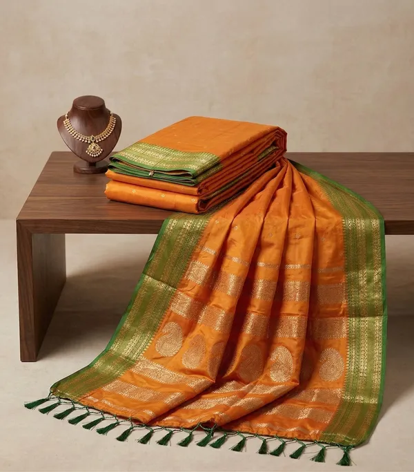 Orange_Green_Soft_Silk_Zari_Border_Saree_For_Women