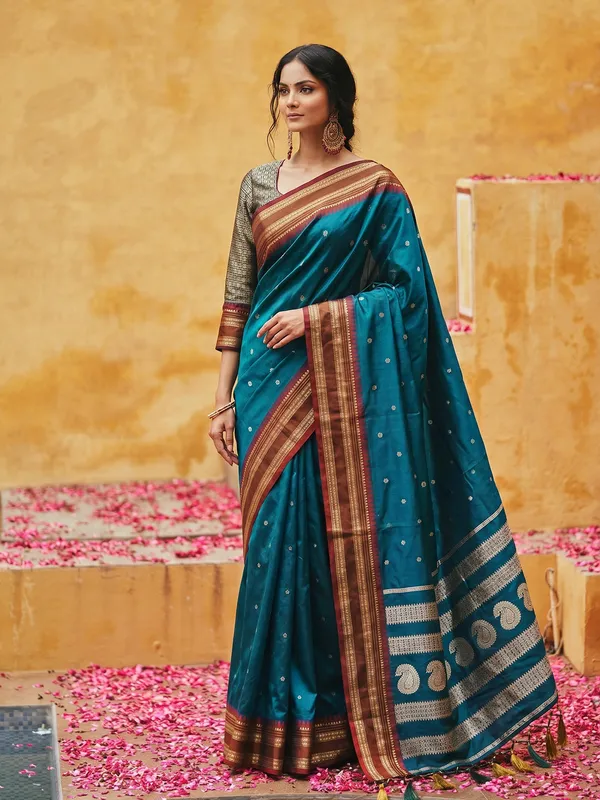 Teal_Blue_Soft_Silk_Red_Zari_Border_Saree_For_Women
