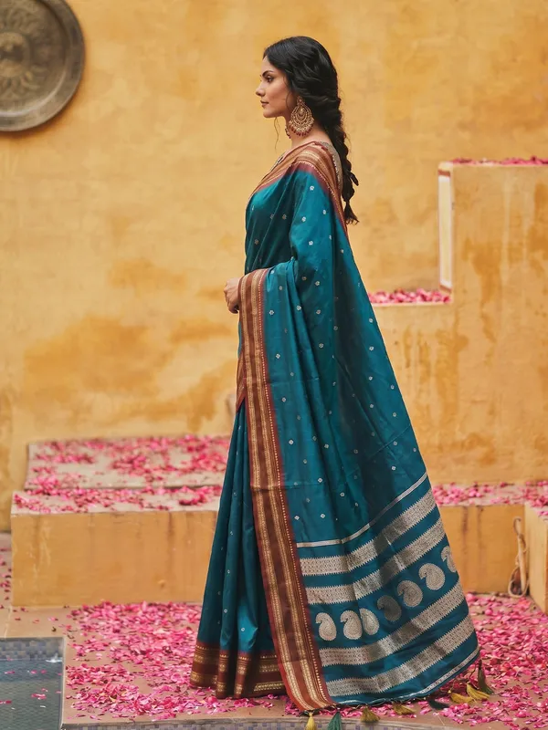 Teal_Blue_Soft_Silk_Red_Zari_Border_Saree_For_Women