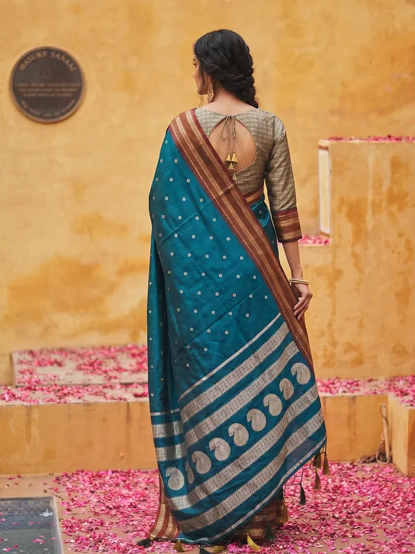 Teal_Blue_Soft_Silk_Red_Zari_Border_Saree_For_Women