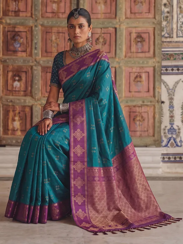 Teal_Green_Banarasi_Soft_Silk_Saree_For_Women