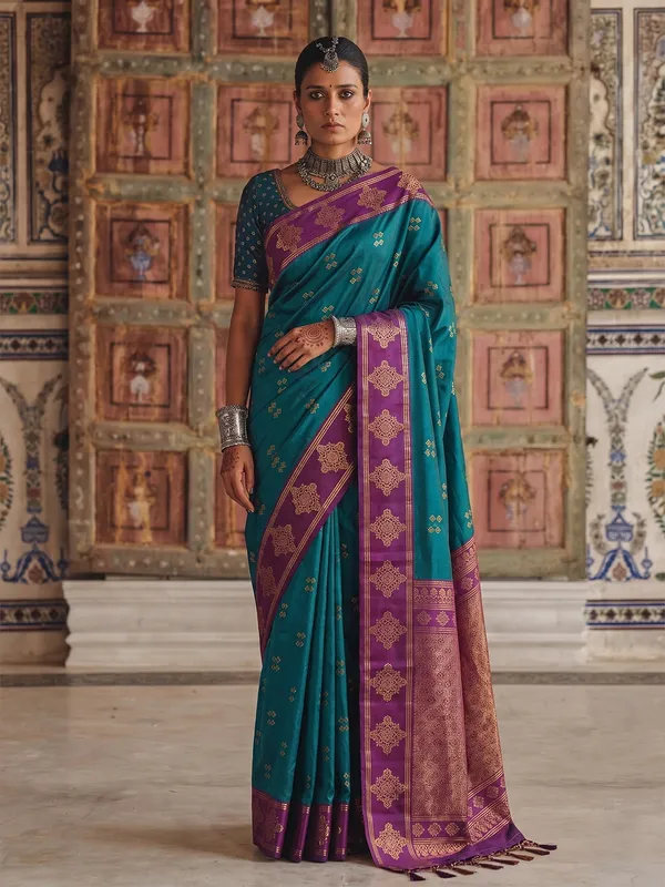 Teal_Green_Banarasi_Soft_Silk_Saree_For_Women