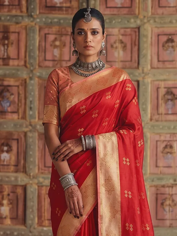 Red_Banarasi_Soft_Silk_Zari_Border_Woven_Saree_For_Women